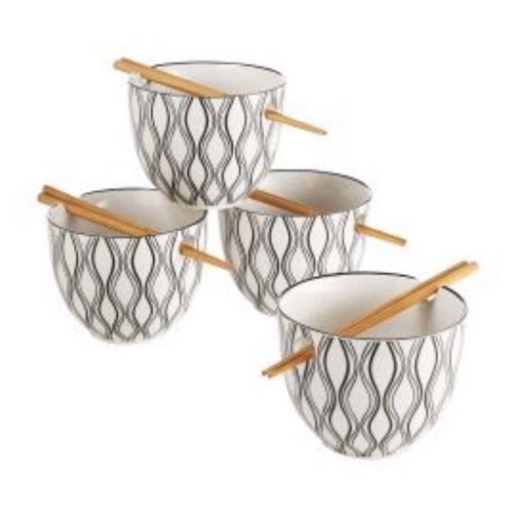 Japanese Ceramic Ramen Udon Noodle Bowl Set of 4 w/ Chopsticks Black & White